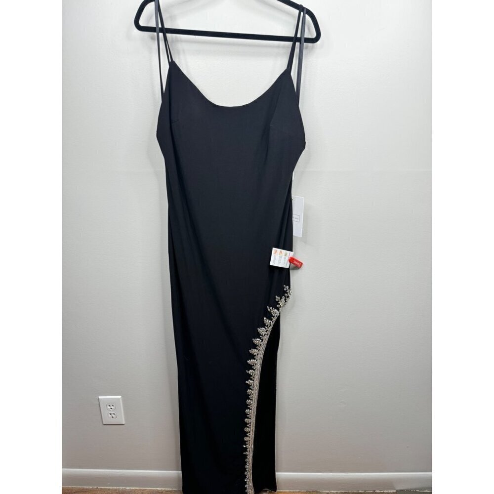 MAC DUGGAL Black Maxi DRESS Size 12 Rhinestone Side Slit Cami Bodycon 42002 New - Picture 5 of 8